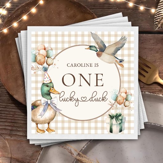 ブラウンワンラッキーダックバルーン1stバースデーナプキンス スタンダードカクテルナプキン