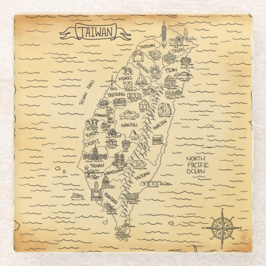 ブラウンヴィンテージイラストレーション・オブ・タイワン・グラス・コースター ガラスコースター (正面)