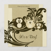 ブラウンヴィンテージフクロウファミリーベビーシャワー招待状 招待状 (正面/裏面)