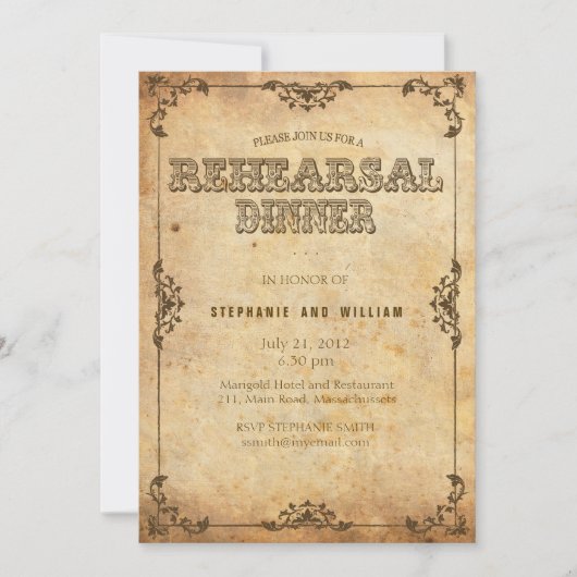 ブラウンヴィンテージフローラリハーサルディナーカード 招待状 (正面)