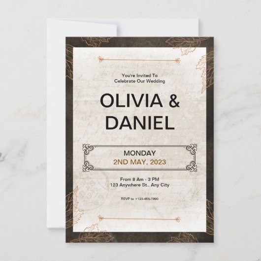 ブラウンヴィンテージレトロ結婚式招待状 招待状 (正面)