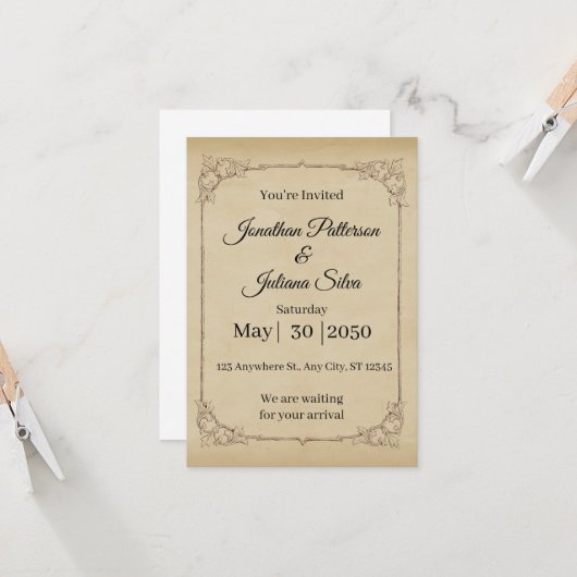 ブラウンヴィンテージ結婚式 招待状 (正面/裏面インサイチュ)