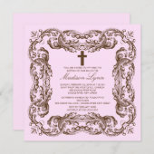 ブラウン及びピンクのヴィンテージフレームの洗礼の招待状 招待状 (正面/裏面)