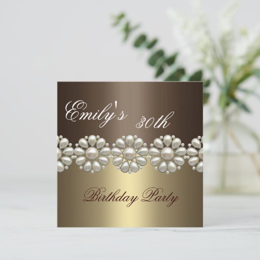 ブラウン及び金ゴールドの真珠の誕生日の招待状 招待状 (スタンド正面)