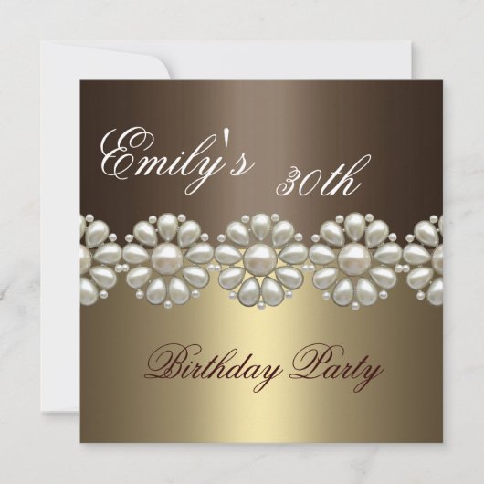 ブラウン及び金ゴールドの真珠の誕生日の招待状 招待状 (正面)