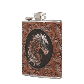 ブラウン女性のカーボーイフローラ工具皮革馬頭 フラスク (左)