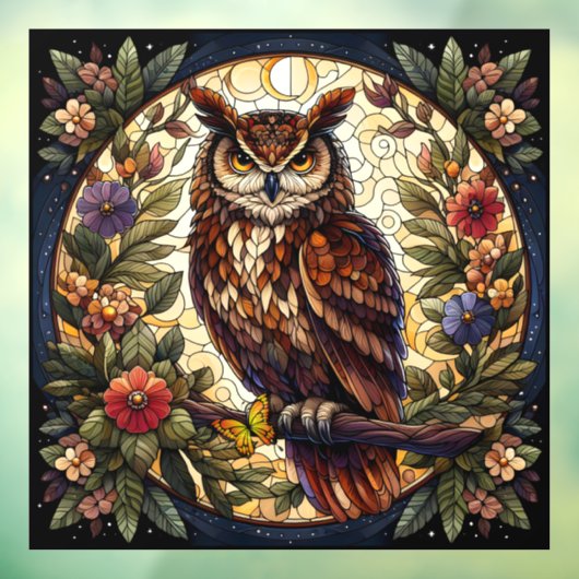 ブラウン威厳のあるフクロウのステンドグラス窓が引っかかる ウィンドウサイン (シート3)