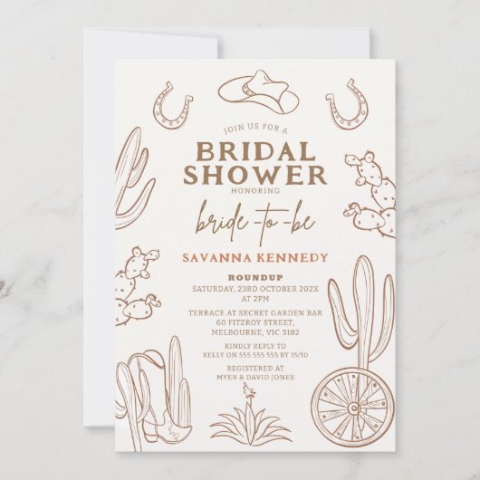 ブラウン描ウェスタン女性のカーボーイブライダルシャワー 招待状 (正面)