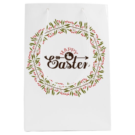 ブラウン文字イースターおよびカラフルフローラリース ミディアムペーパーバッグ (正面)