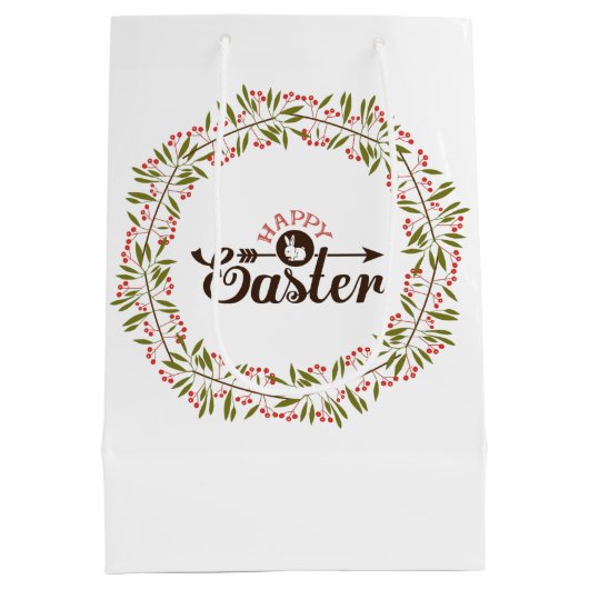 ブラウン文字イースターおよびカラフルフローラリース ミディアムペーパーバッグ (裏面)