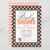 ブラウン水玉模様オレンジシェブロンベビーシャワー 招待状 (正面/裏面)