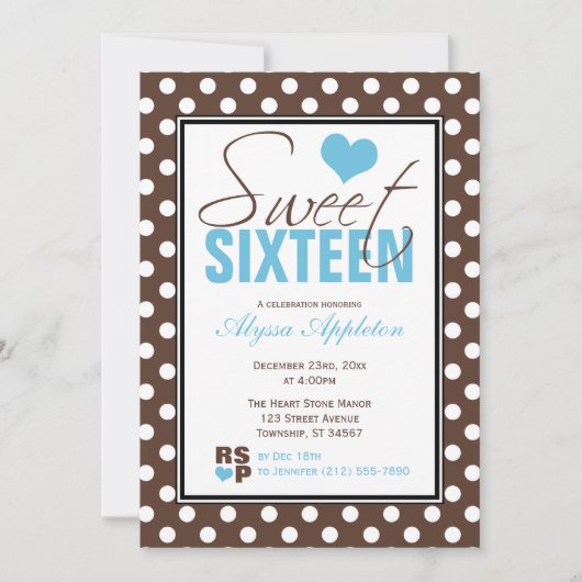 ブラウン水玉模様ブルーシェブロンSweet sixteen 招待状 (正面)