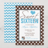 ブラウン水玉模様ブルーシェブロンSweet sixteen 招待状 (正面/裏面)