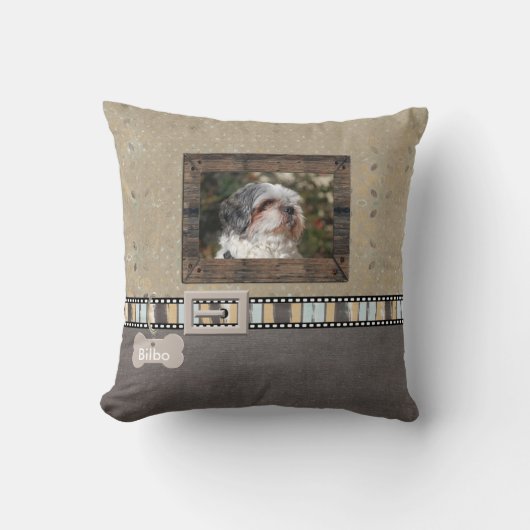 ブラウン灰色ペット写真ストライプのなつばの名前のテンプレート クッション (正面)