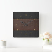 ブラウン男らしとブラックのステッチされたレザーテクスチャ スクエア壁時計 (ホーム)