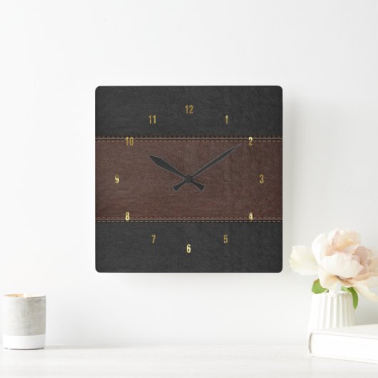 ブラウン男らしとブラックのステッチされたレザーテクスチャ スクエア壁時計 (ホーム)