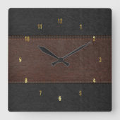 ブラウン男らしとブラックのステッチされたレザーテクスチャ スクエア壁時計 (正面)
