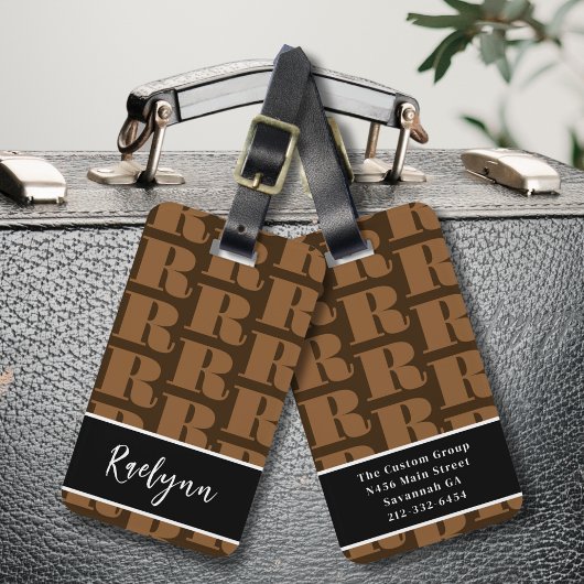 ブラウン白黒モダンモノグラムイニシャル文字 ラゲッジタグ