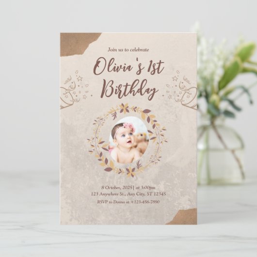 ブラウン破れた紙1st誕生日招待状 招待状 (スタンド正面)