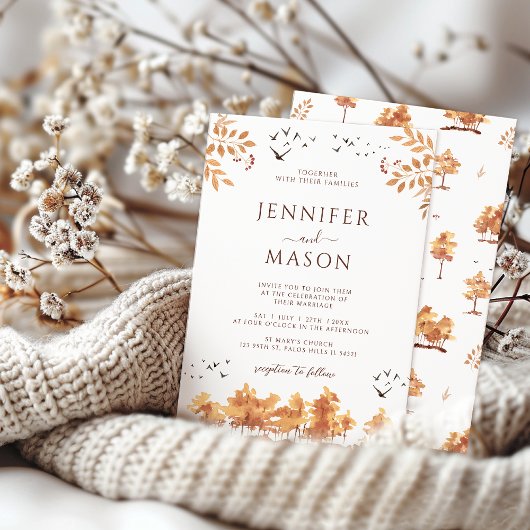 ブラウン秋秋の風景葉ツリーズ結婚の 招待状
