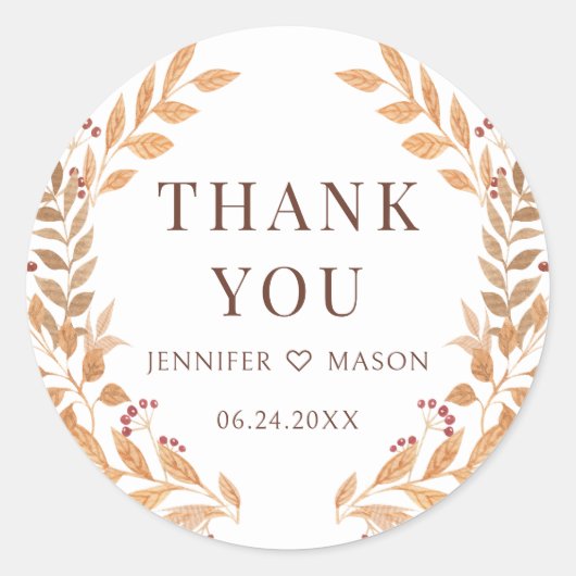 ブラウン秋秋ツリー葉ズ結婚サンキュー ラウンドシール (正面)