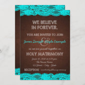 ブラウン素朴とティール（緑がかった色）ブルー結婚ズ 招待状 (正面/裏面)