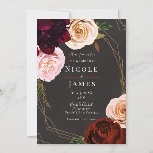 ブラウン素朴と金ゴールドダークモダンフローラ結婚ズ 招待状 (正面)