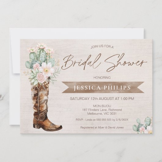 ブラウン素朴ウェスタン女性のカーボーイブートブライダルシャワー 招待状 (正面)