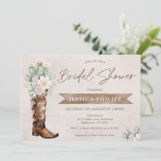 ブラウン素朴ウェスタン女性のカーボーイブートブライダルシャワー 招待状 (スタンド正面)