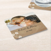 ブラウン素朴ウッドカスタムフォト結婚のコースター スクエアペーパーコースター (アングル)