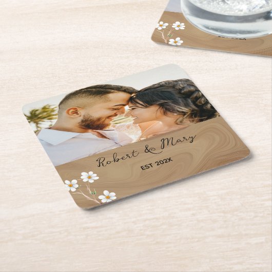 ブラウン素朴ウッドカスタムフォト結婚のコースター スクエアペーパーコースター (アングル)