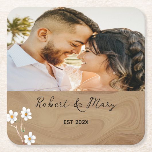 ブラウン素朴ウッドカスタムフォト結婚のコースター スクエアペーパーコースター (正面)