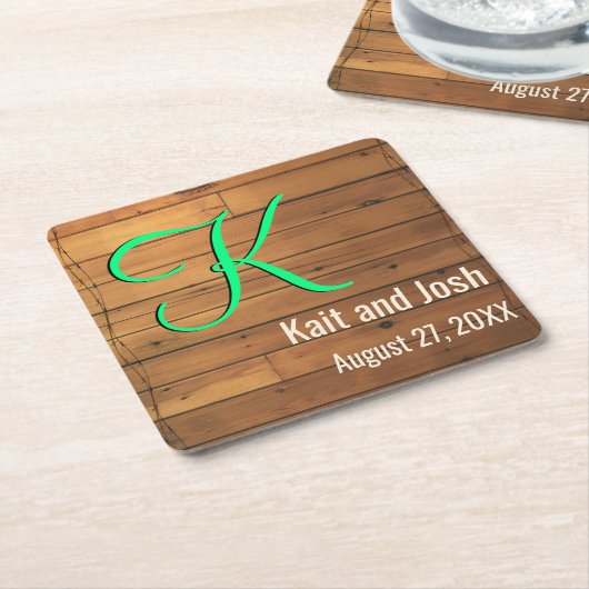 ブラウン素朴ウッドバーンウォールファームモノグラム スクエアペーパーコースター (アングル)