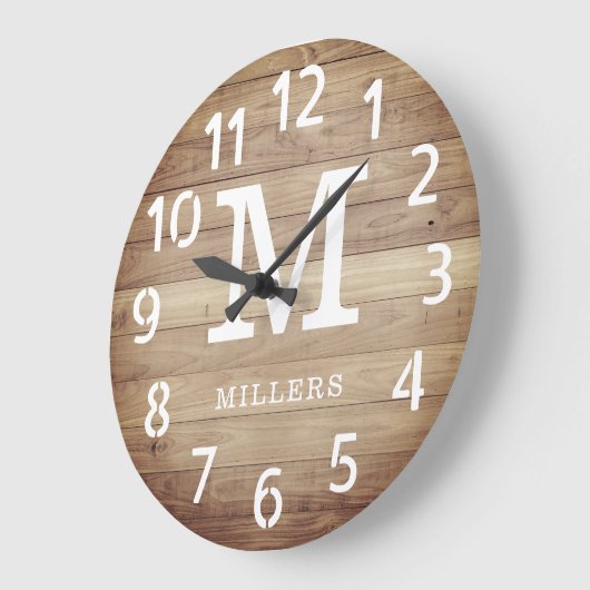 ブラウン素朴ウッドファミリーネームモノグラムファームハウス ラージ壁時計 (傾斜)