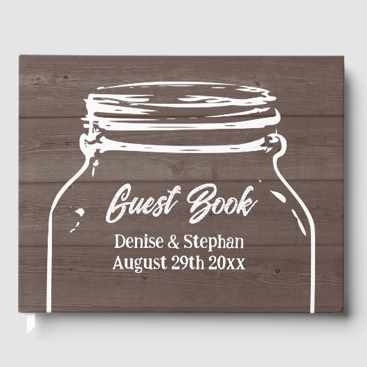 ブラウン素朴ウッド結婚のメイスンの瓶シルエット ゲストブック (正面)
