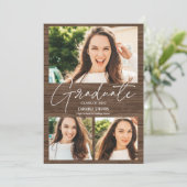 ブラウン素朴ウッド3枚の写真コラージュ卒業 案内状 (スタンド正面)