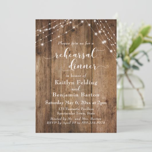 ブラウン素朴ウッド&ライトストリングリハーサルディナー 招待状 (スタンド正面)