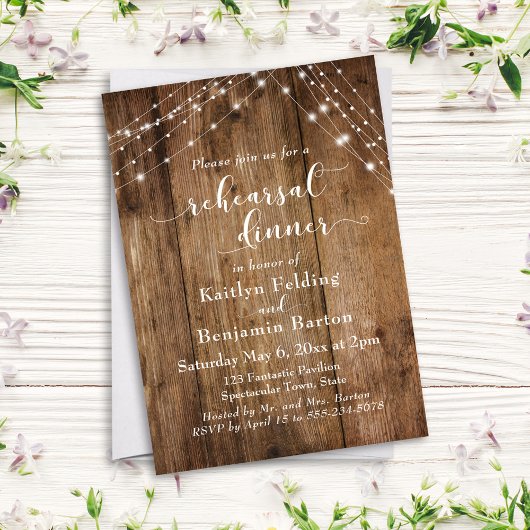 ブラウン素朴ウッド&ライトストリングリハーサルディナー 招待状