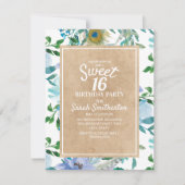 ブラウン素朴クラフトブルーホワイトフローラスウィート16 招待状 (正面)