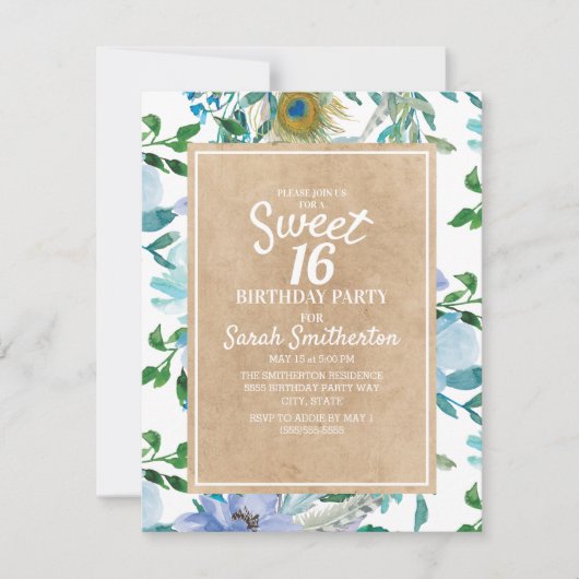ブラウン素朴クラフトブルーホワイトフローラスウィート16 招待状 (正面)