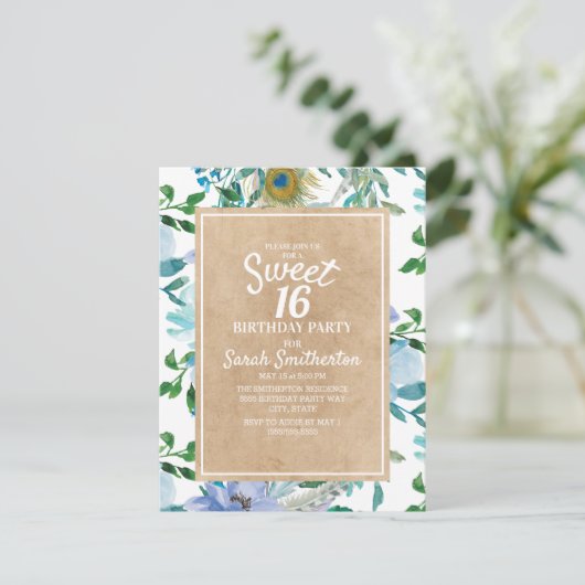 ブラウン素朴クラフトブルーホワイトフローラスウィート16 招待状 (スタンド正面)