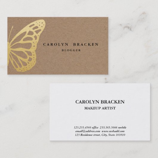 ブラウン素朴クラフト紙フェイク金箔蝶 名刺 (正面/裏面)