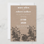 ブラウン素朴クラフト紙ブラックフローラレース結婚ズ 招待状 (正面)