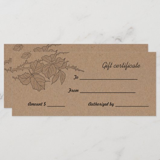ブラウン素朴クラフト紙葉ギフト証明書 (正面/裏面)