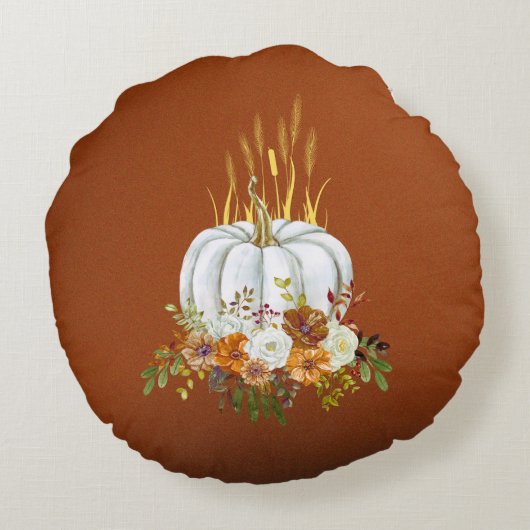 ブラウン素朴ハッピーサンクスギビングフローラカボチャ ラウンドクッション (裏面)