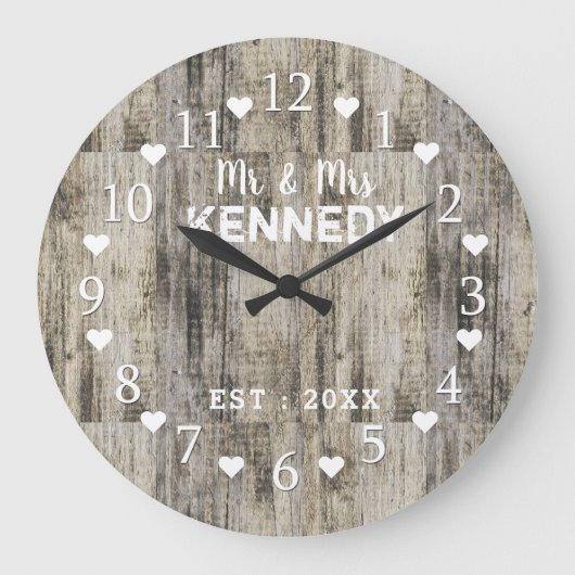 ブラウン素朴バパーソナライズされたンウッド結婚ズ ラージ壁時計 (正面)