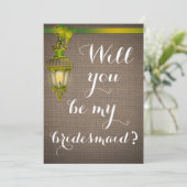 ブラウン素朴バーラップパターン提灯の花嫁メイド 招待状 (スタンド正面)