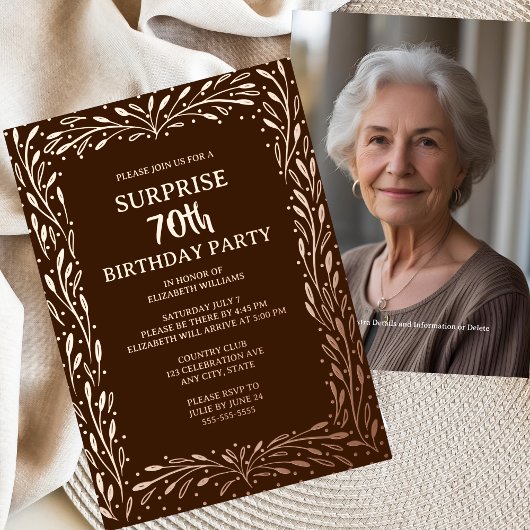 ブラウン素朴フローラ70thカスタム誕生日 箔招待状