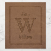 ブラウン素朴レザーフェイクカスタムモノグラム名 ワインラベル (シングルラベル)