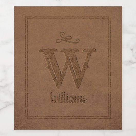 ブラウン素朴レザーフェイクカスタムモノグラム名 ワインラベル (シングルラベル)